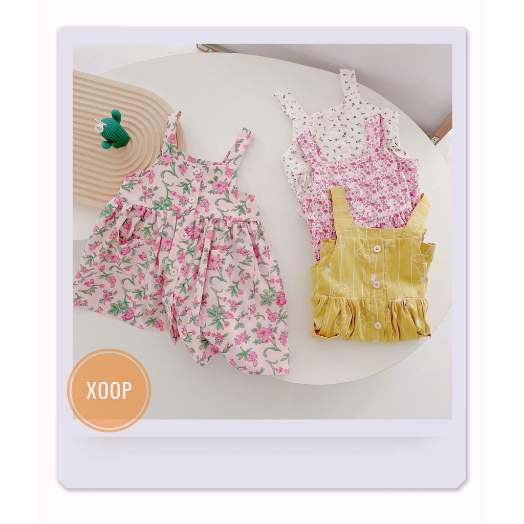 Váy-yếm 2 dây cúc giữa họa tiết  hoa có  túi mẫu mới cho bé gái (8-18kg) (SP002100 )