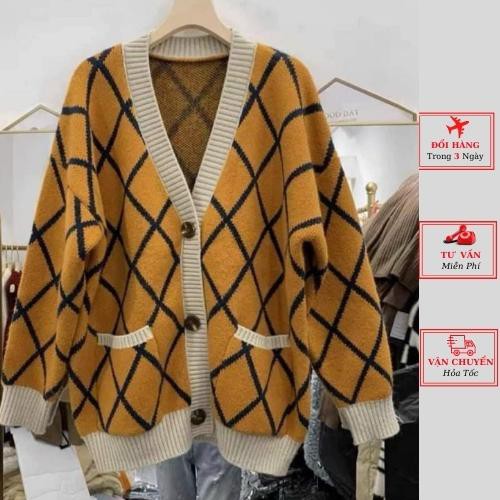 Áo cardigan len nữ oversize phom rộng kẻ caro vàng ulzzang Hàn Quốc