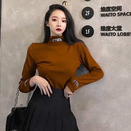 Áo thun nữ cổ lọ tay dài màu trơn đơn giản thời trang Hàn Quốc