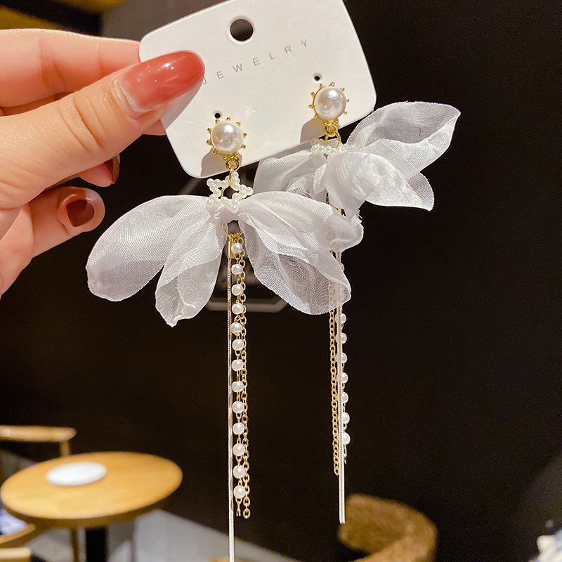 Khuyên Tai Bạc S925 2022 Đính Nơ Tua Rua Và Hạt Ngọc Trai Hợp Thời Trang