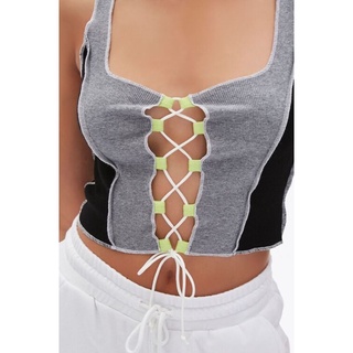 áo thun ba lổ day rút ngực F21 [Colorblock Lace-Up Crop Top]