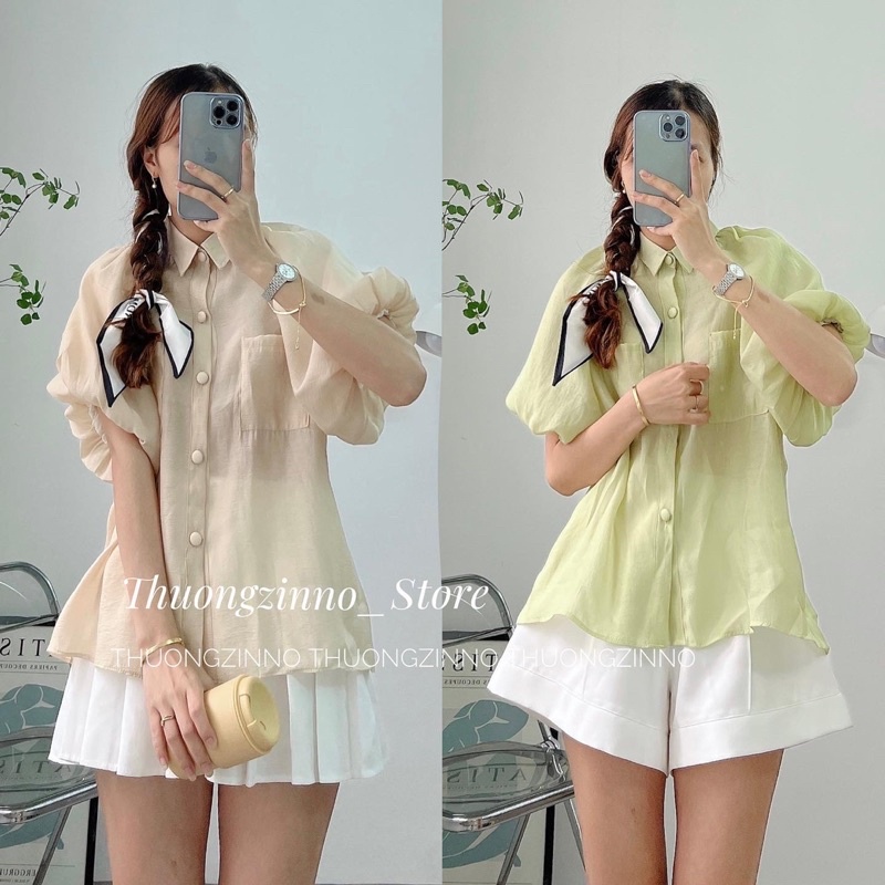 [Ảnh thật/Video]Áo sơ mi nữ Seon tay lửng xinh xắn Áo somi nữ tay bồng