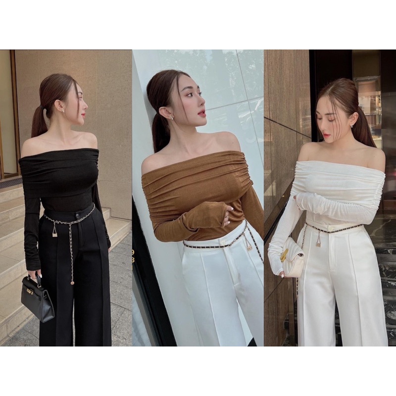 Áo thun bẹt trễ vai tay dài nhúng siêu sang chảnh minie