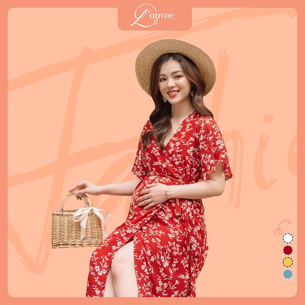 Đầm bầu đẹp Jasmine Dress vải voan mềm, họa tiết hoa nhí đi du lịch, đi chơi thiết kế bởi LAMME