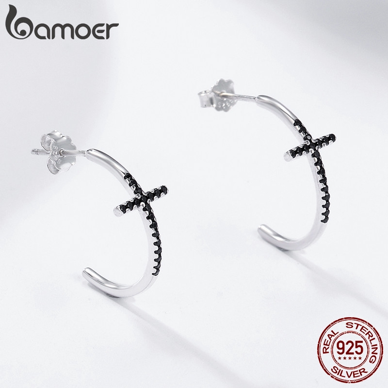 Đôi khuyên tai Bamoer bằng bạc hình cây thánh giá đính đá nhân tạo thời trang cho nữ