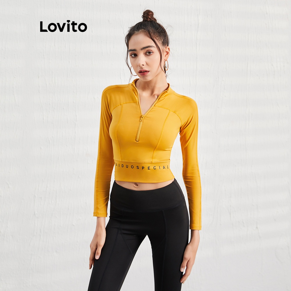 Áo khoác thể thao cổ đứng in chữ Lovito phối khóa kéo màu vàng L07050 | BigBuy360 - bigbuy360.vn