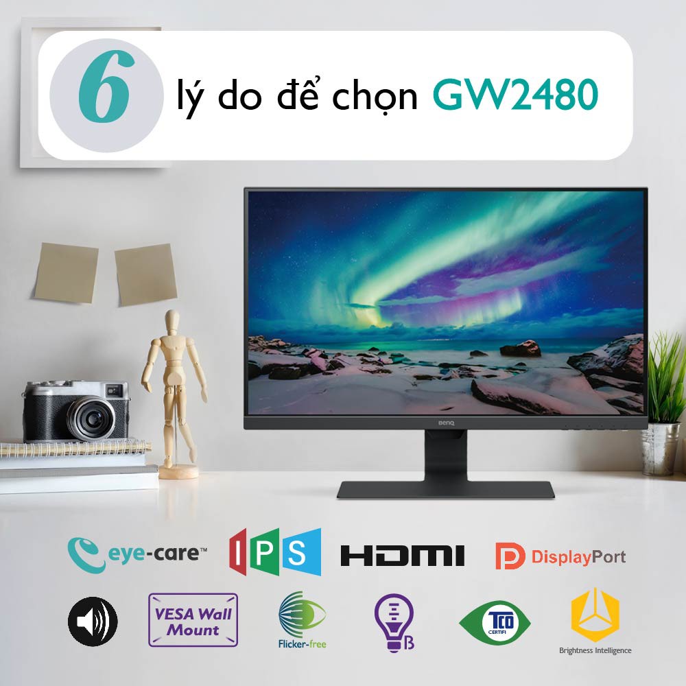 Màn hình máy tính BenQ GW2480 23.8 inch IPS 1080p Bảo vệ mắt, phù hợp Làm việc ở nhà và Giải trí cá nhân