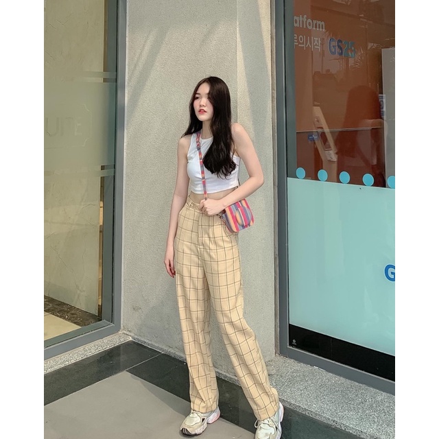 Quần dài ống suông caro