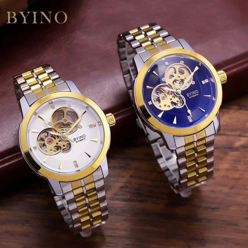 Đồng hồ cơ nam Byino 8885 dây thép không gỉ cơ lộ thiên
