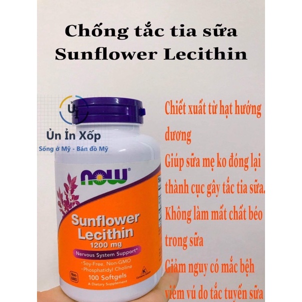 [Hàng Mỹ đi Air Đủ Bill] Viên uống chống tắc tia sữa Lecithin 1200mg Now Sunflower Lecithin 100v, 200v