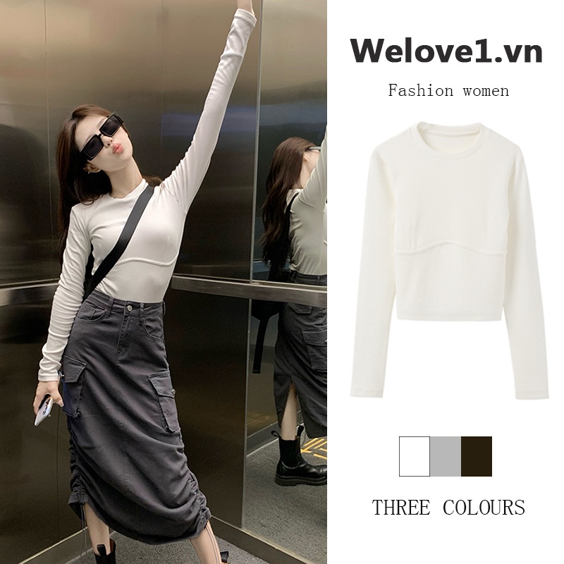 Áo Thun crop top Tay Dài Ôm Ngực Phong Cách Âu Mỹ Mẫu Mới 2021 Thời Trang Cho Nữ