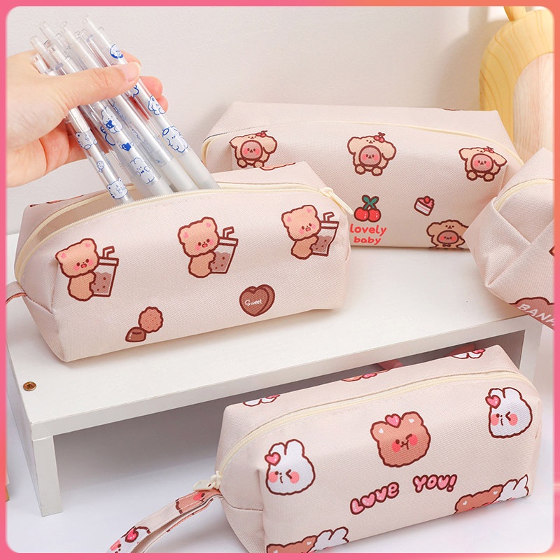 Túi Đựng Bút Bằng Vải Canvas Cỡ Lớn In Họa Tiết Gấu Hoạt Hình Dễ Thương Cho Học Sinh