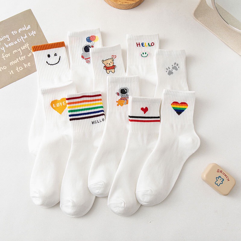 Tất cổ cao nữ trắng hoạt hình cute Vớ chân dài vải dày thời trang Hàn Quốc Jengiang