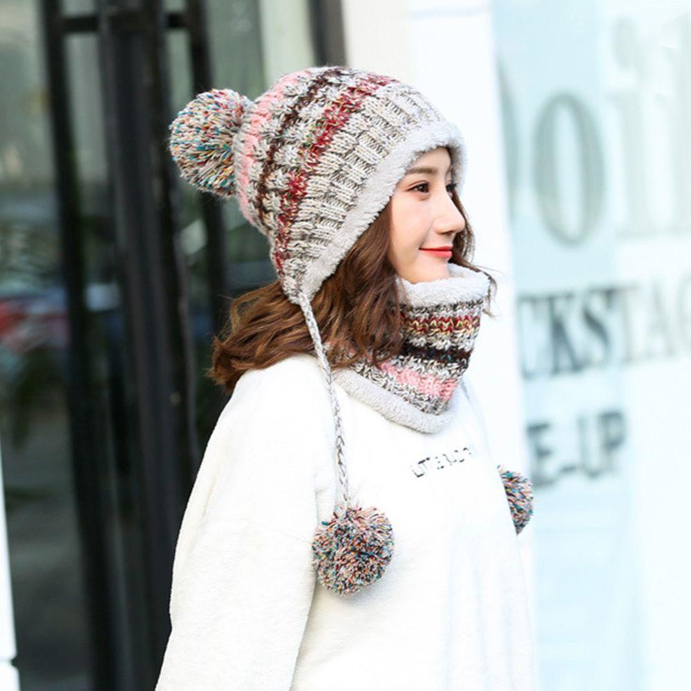 Set Mũ beanie Trùm Đầu Kèm Khăn Choàng Cổ Giữ Ấm Mùa Đông Cho Nữ