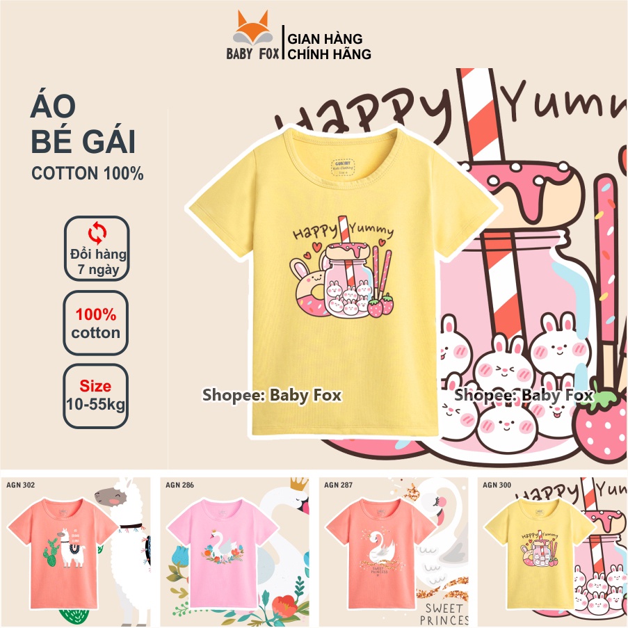 Áo bé gái 100% cotton loại tốt, thương hiệu BABY FOX, hình thiên nga, kẹo 10-55 kg f