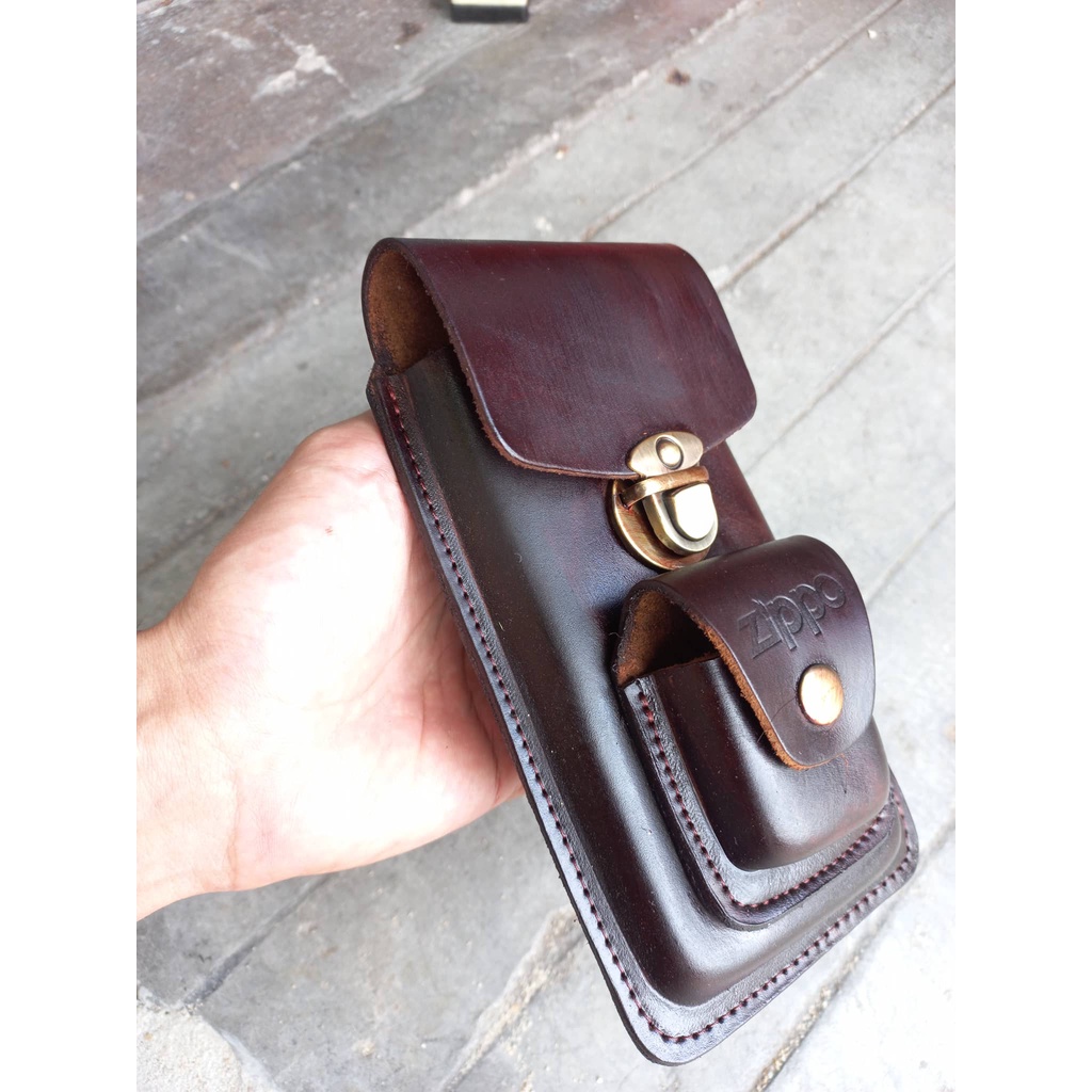 Bao da đựng điện thoại đeo thắt lưng da bò 1 lớp kèm bao da zippo