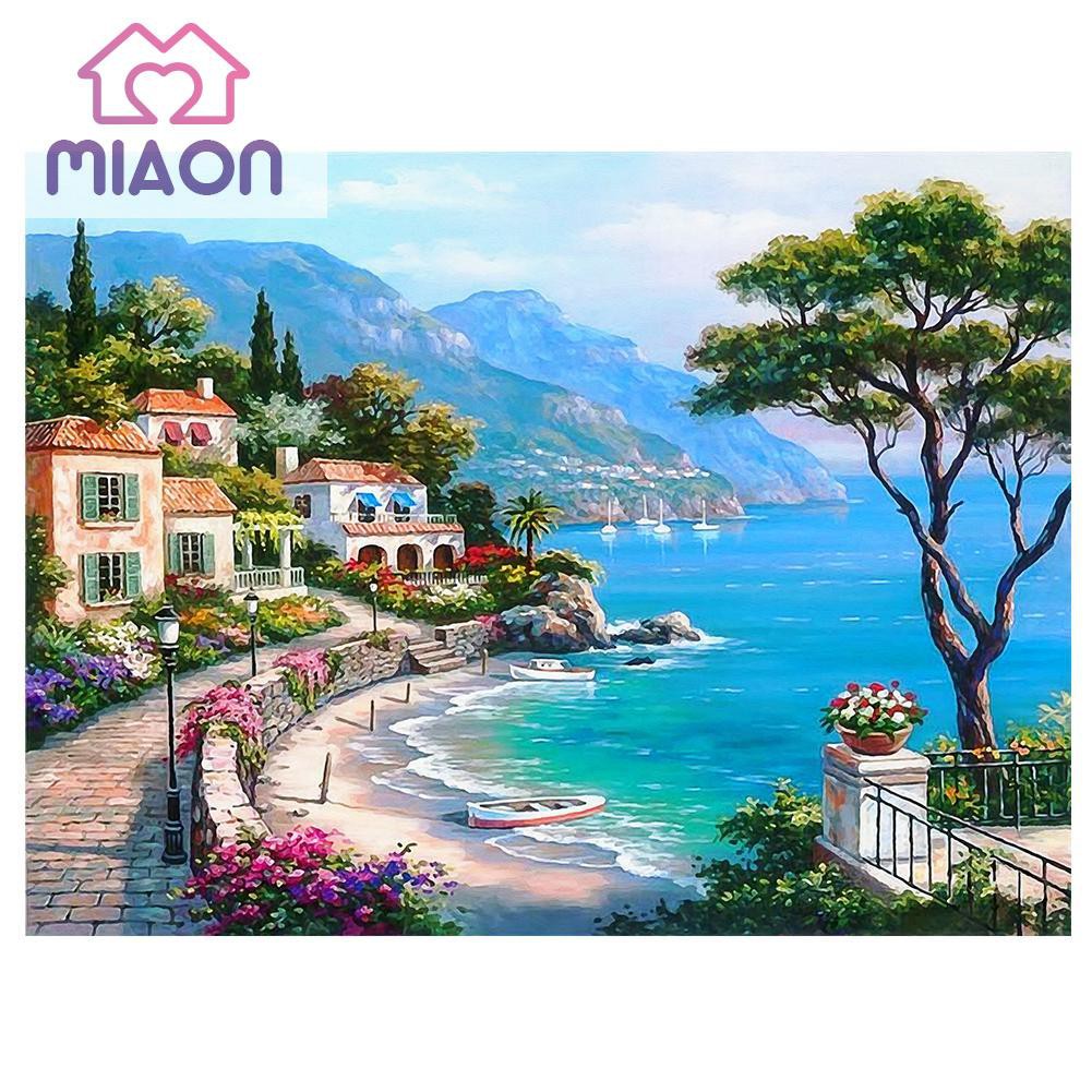 Bộ phụ kiện làm tranh đính đá DIY họa tiết 5D hình làng quê đơn giản