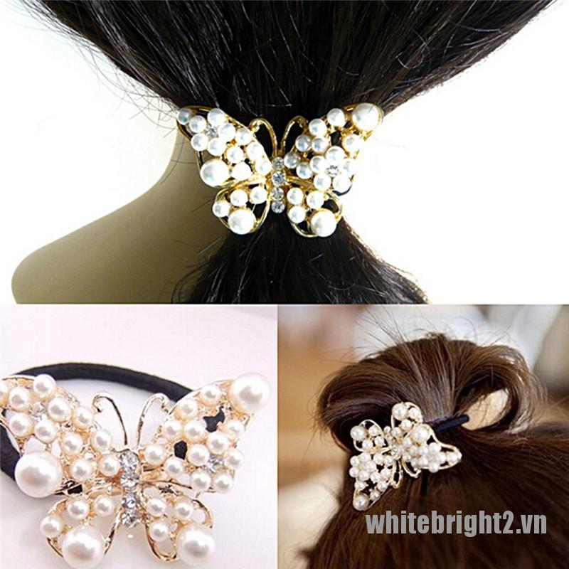 <white2> Crystal Rhinestone Pearl Flower Hair Band Rope Elastic Ponytail Holder NEW Hot