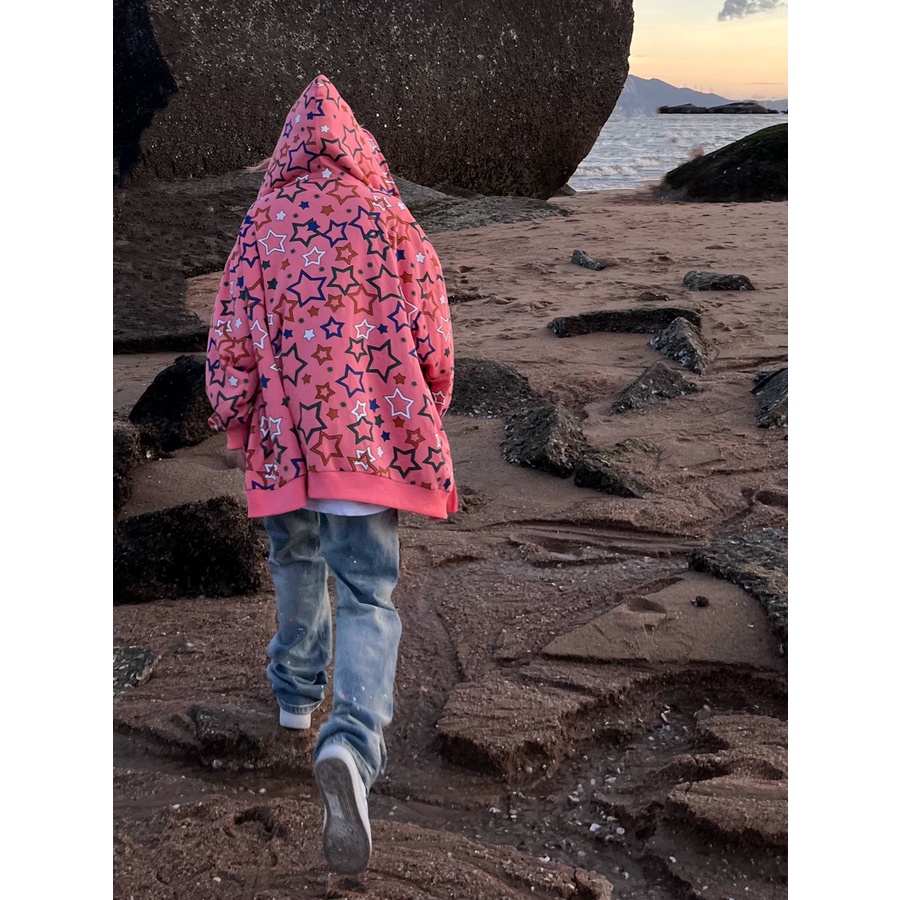 Áo Hoodie Tay Dài Dáng Rộng In Hình Ngôi Sao Năm Cánh Phong Cách Preppy Dễ Phối Đồ