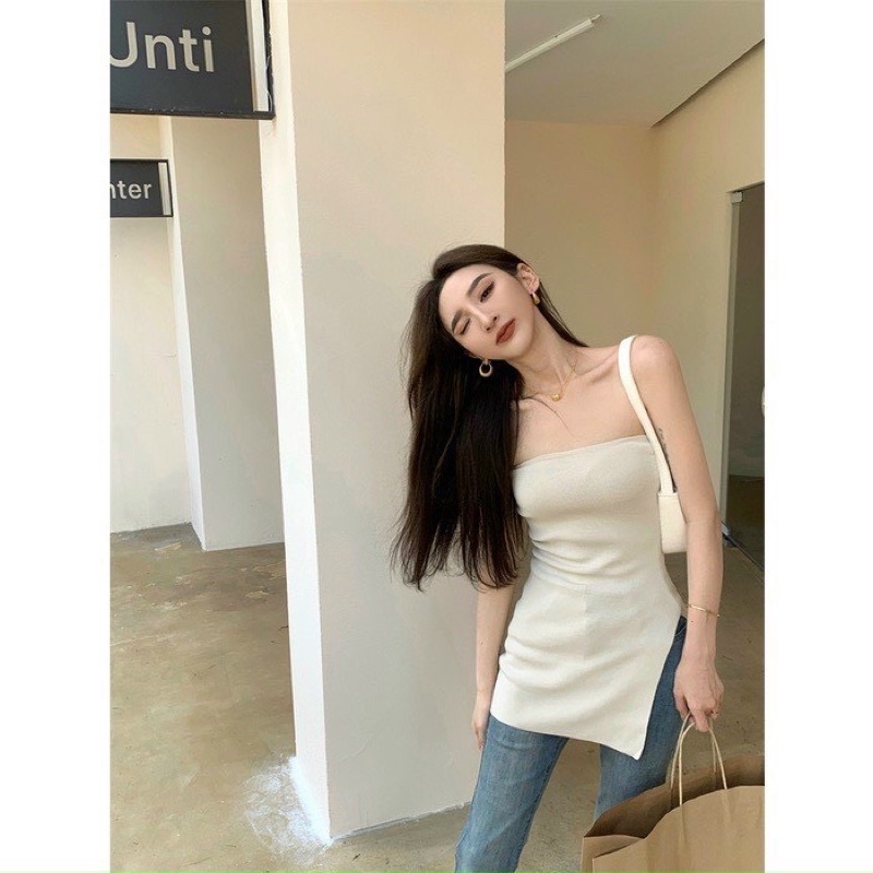 Áo Gân Ống Kiểu Xẻ Tà Dài, Áo Kiểu Nữ Cúp Ngực - Colory Shop