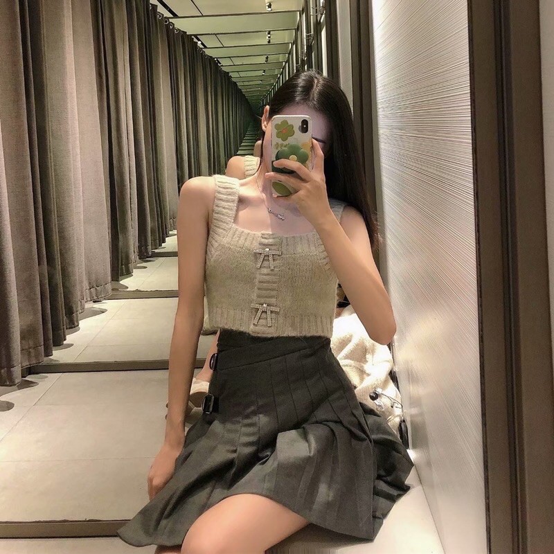 Set áo khoác len cardigan croptop tay bồng + áo 2 dây bản to cổ vuông đính nơ đá ZR Ulzzang siêu đẹp ❤️