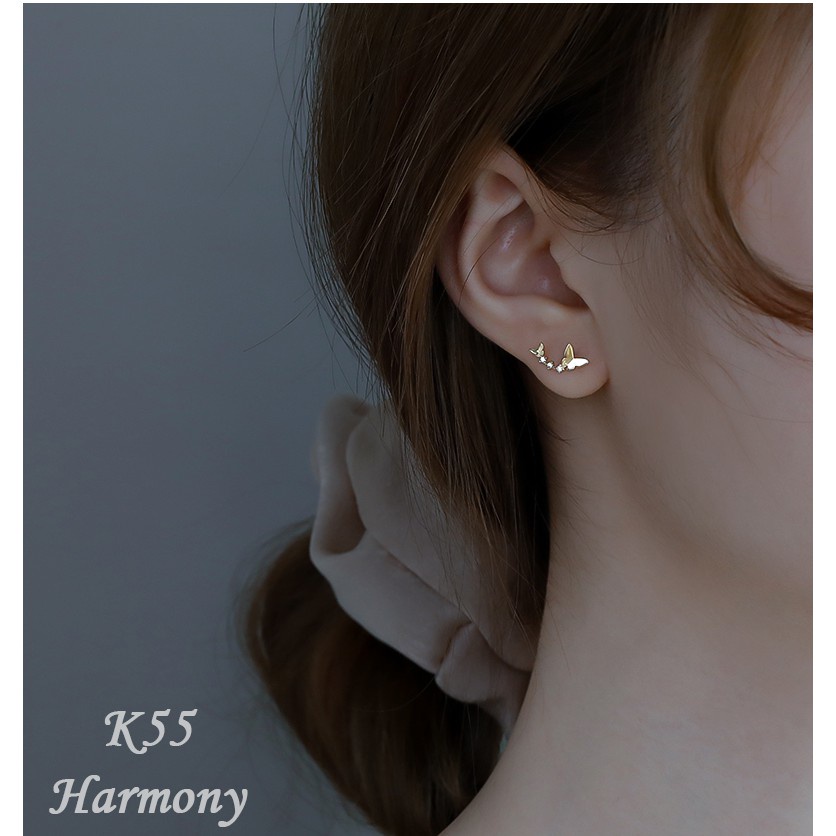 Khuyên tai nữ bạc 925 hình cánh bướm dài đính đá xi bạch kim và vàng | HARMONY ACCESSORIES K55