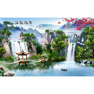 Tranh dán tường HD Lưu Thủy Sinh Tài HUD0323 Kim sa
