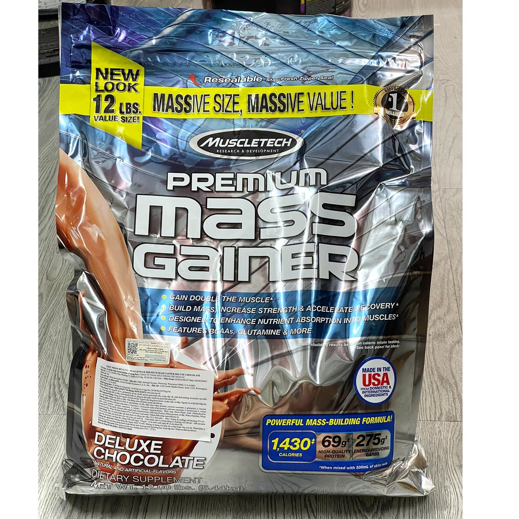 Sữa tăng cân tăng cơ cao cấp Premium Mass Gainer của MuscleTech hương Chocolate bịch 5.45 kg - Phân phối chính thức