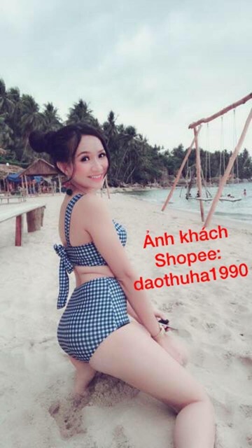 (Có sẵn) Bikini / đồ bơi 2 mảnh caro xanh nơ lưng