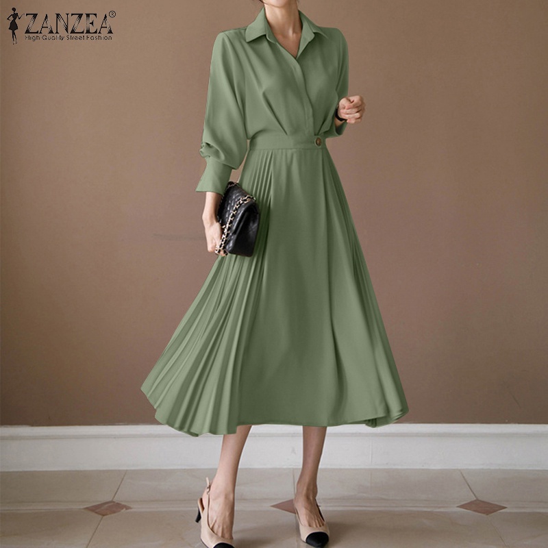 Đầm dài ZANZEA thiết kế đai eo tay dài xếp ly thời trang vintage thường ngày cho nữ