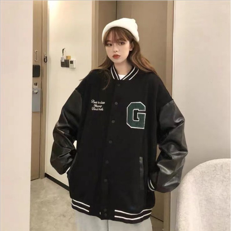 Áo khoác bomber G Varsity Jacket vải nỉ phối tay da, áo bomber bóng chày nam nữ unisex form rộng
