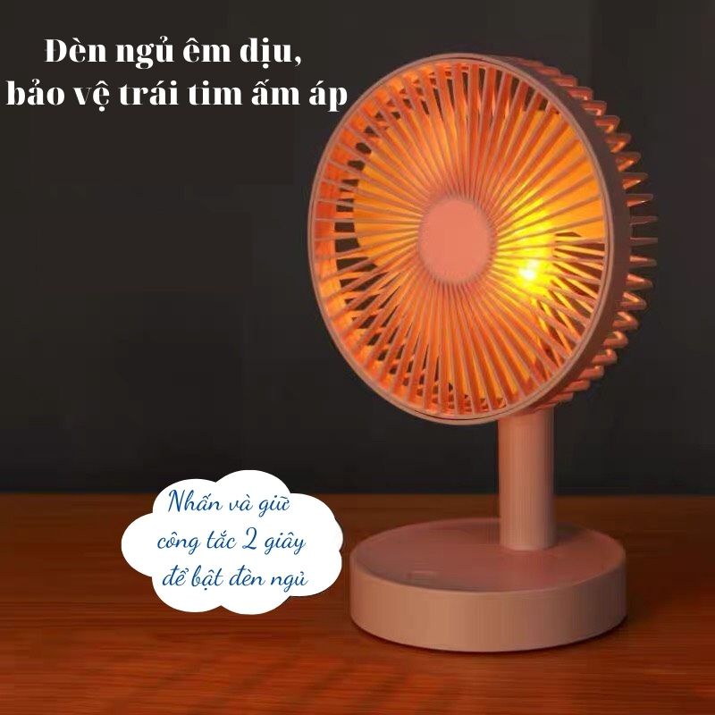 Quạt mini tích điện để bàn đa năng kiêm đèn ngủ tiếng ồn thấp, xoay 180 độ cổng sạc USB thích hợp cho dân văn phòng 6687