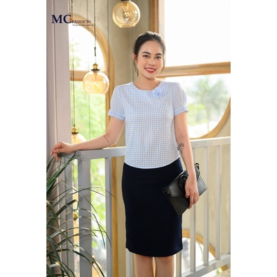 Áo Kiểu Tay Cộc Kẻ Sọc Caro Công Sở Mc Fashion Màu Cam Xanh Cổ Tròn TA971