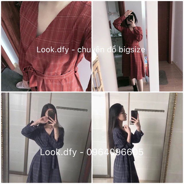 (Order-ảnh thật) Bigsize Đầm vintage kẻ cổ V dáng dài nhẹ nhàng thang lịch 2019