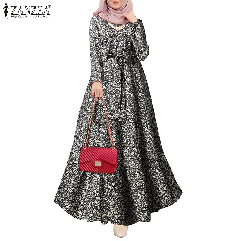Zanzea Đầm Hoa Thắt Nơ Eo Phong Cách Hồi Giáo Thời Trang Cho Nữ