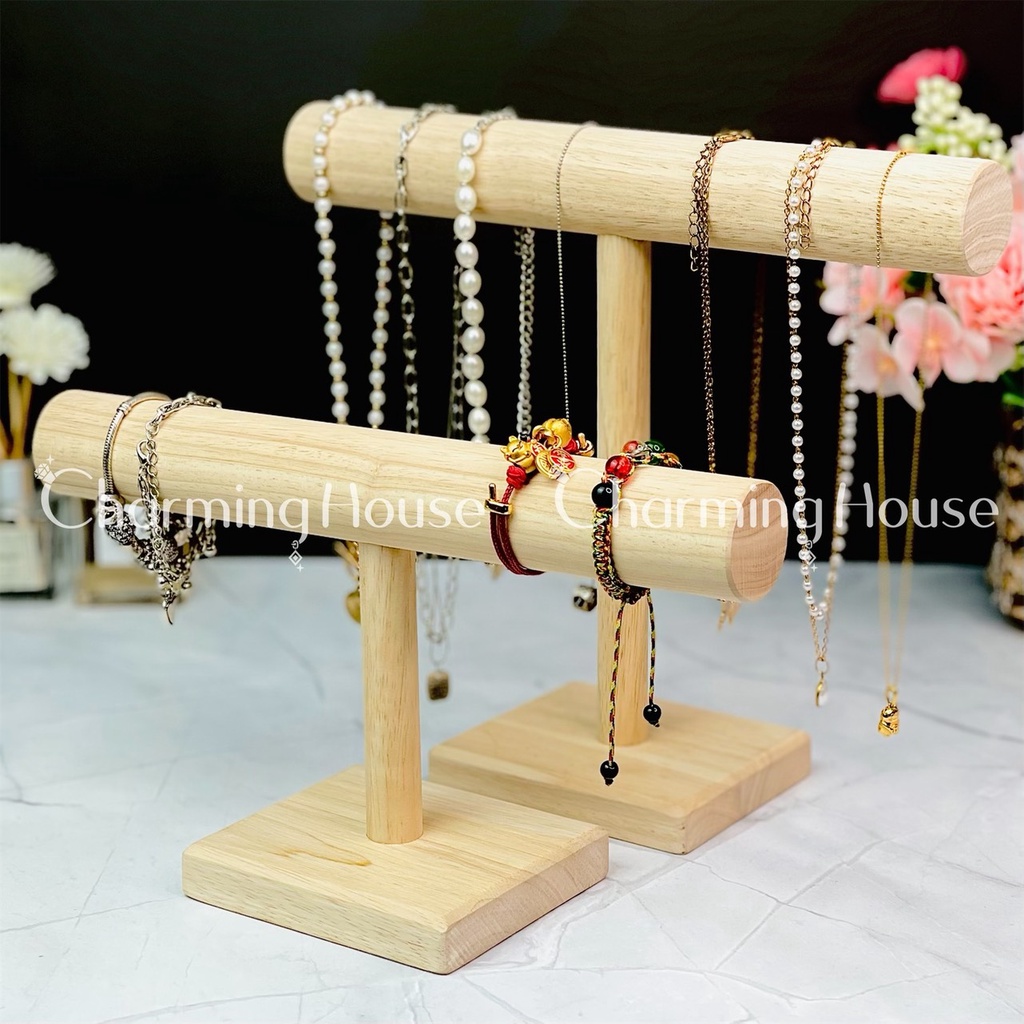 Giá treo trang sức dây chuyền vòng đeo tay đồng hồ bằng gỗ cao su tự nhiên
