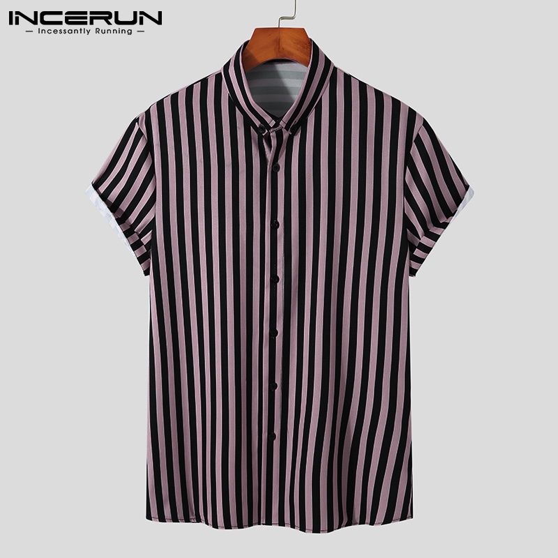 Áo sơ mi Incerun tay ngắn dáng rộng kẻ sọc cài nút 3 màu thời trang cho nam
