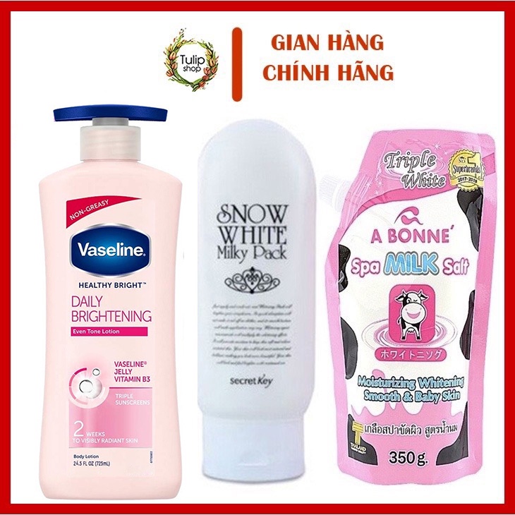 COMBO Dưỡng Thể VASELINE+Kem tắm trắng SNOW WHITE SECRET KEY+Muối Tẩy Tế Bào Chết A BONNE