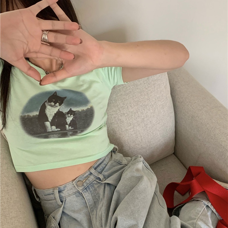 Áo Thun Crop Top Tay Ngắn Cổ Tròn In Họa Tiết Hoạt Hình Thời Trang Cho Nữ