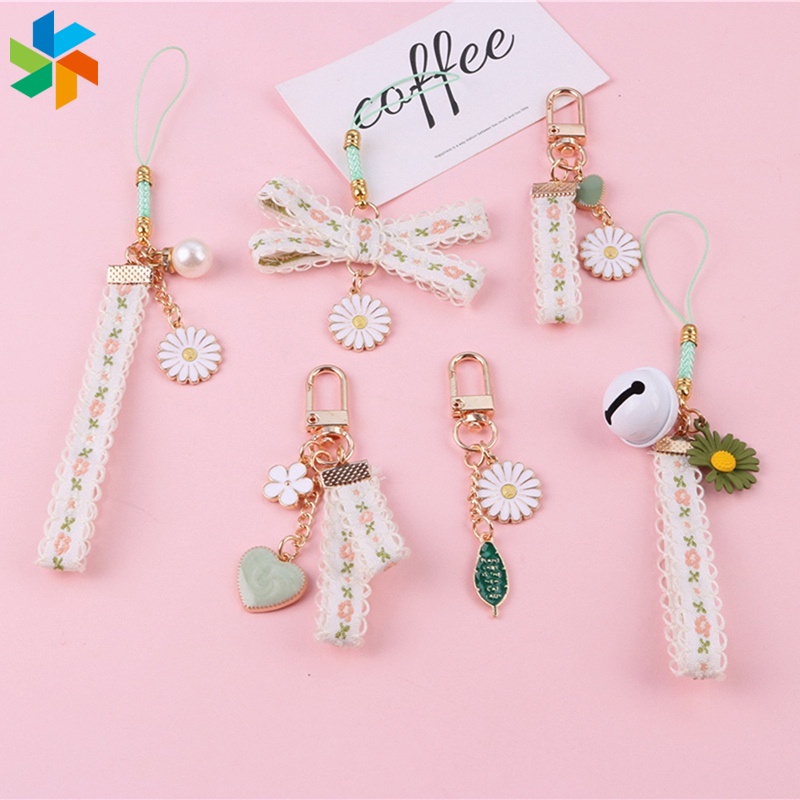 Móc khóa trang trí hình hoa cúc nhỏ hoạt hình phối ruy băng thích hợp cho Airpods JP6