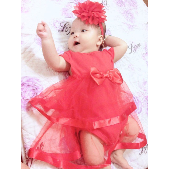 Body cotton phối ren giả váy cho bé gái màu đỏ
