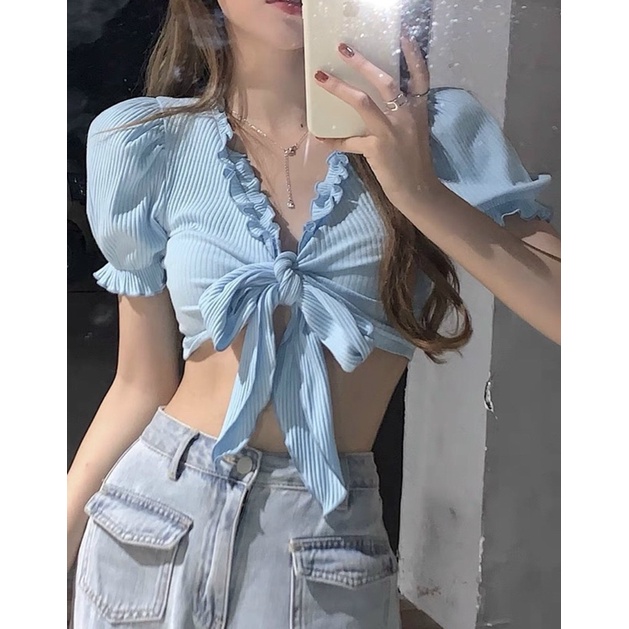 Áo Croptop cột nơ ngực cuốn biên buộc nơ trước - Z7NP