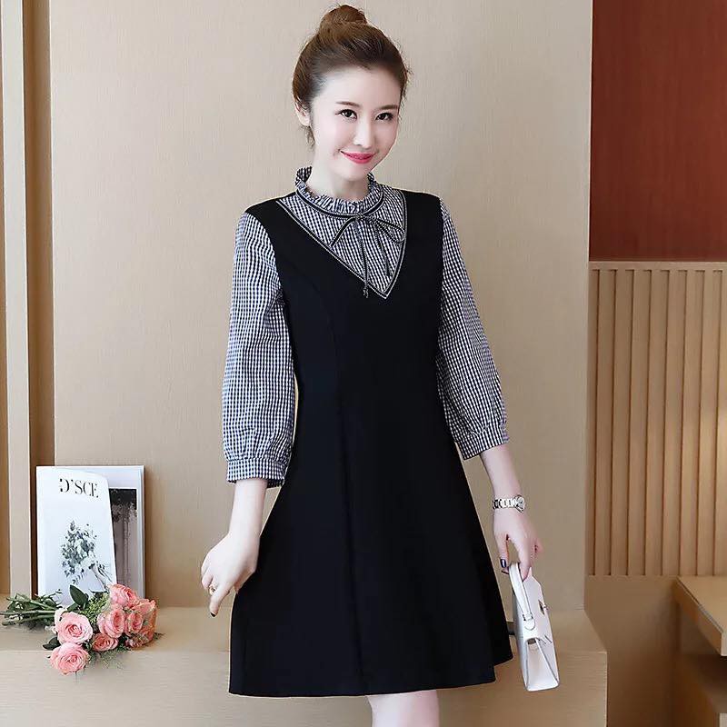 Váy Bầu Thu Đông Đen Phối Kẻ Cổ Tàu ( 2 màu phối xanh đen )MYC 1261