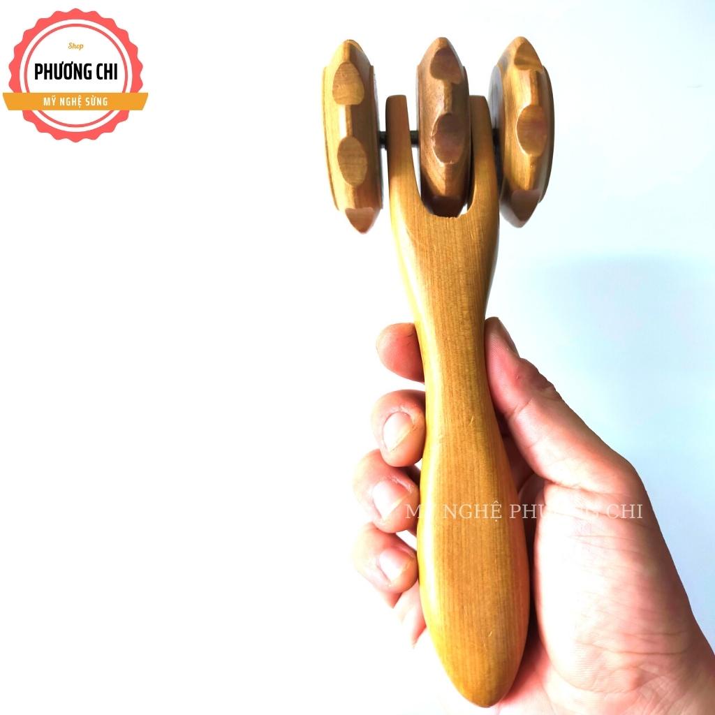 Cây lăn massage toàn thân 3 bánh gai đa năng làm từ gỗ thơm tự nhiên, Cây lăn mát xa | Mỹ nghệ phương chi