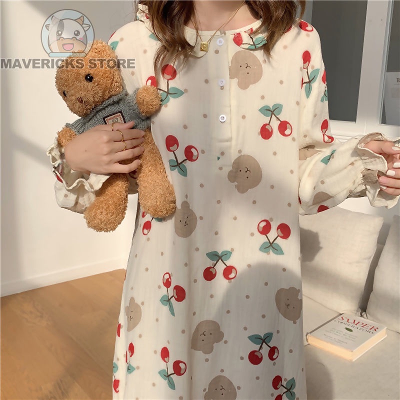 Đầm ngủ FDS dáng dài tay dài họa tiết cherry thời trang Hàn Quốc cho nữ