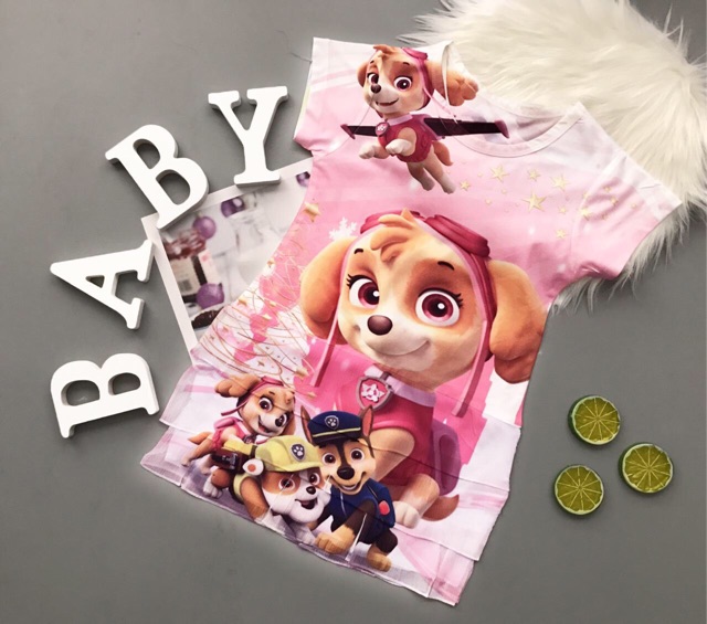 Đầm 3 tầng in 3D thun lạnh thái Chó Cứu Hộ bé gái 12-45kg