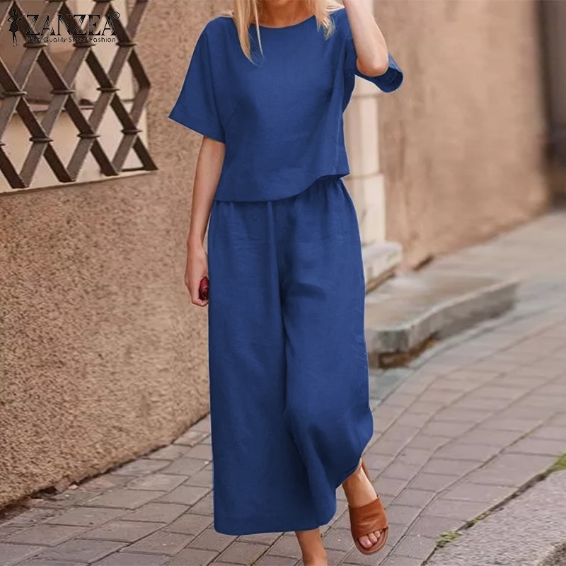 Bộ áo quần áo cổ chữ O tay lửng quần lưng thun ống rộng trơn màu cơ bản thời trang cho nữ ZANZEA