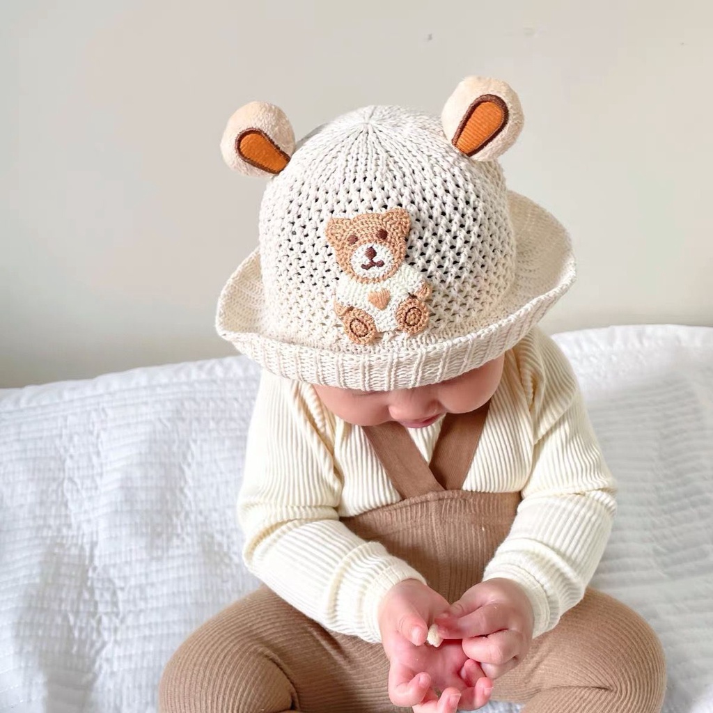 Mũ Cói Vành Rộng Hình Gấu Chống Nắng Thời Trang Đi Biển Mùa Hè Cho Bé