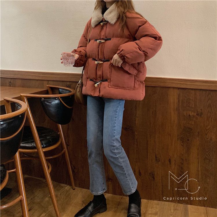 Áo khoác phao oversize rộng rãi cổ lông bẻ cá tính phong cách Hàn Quốc