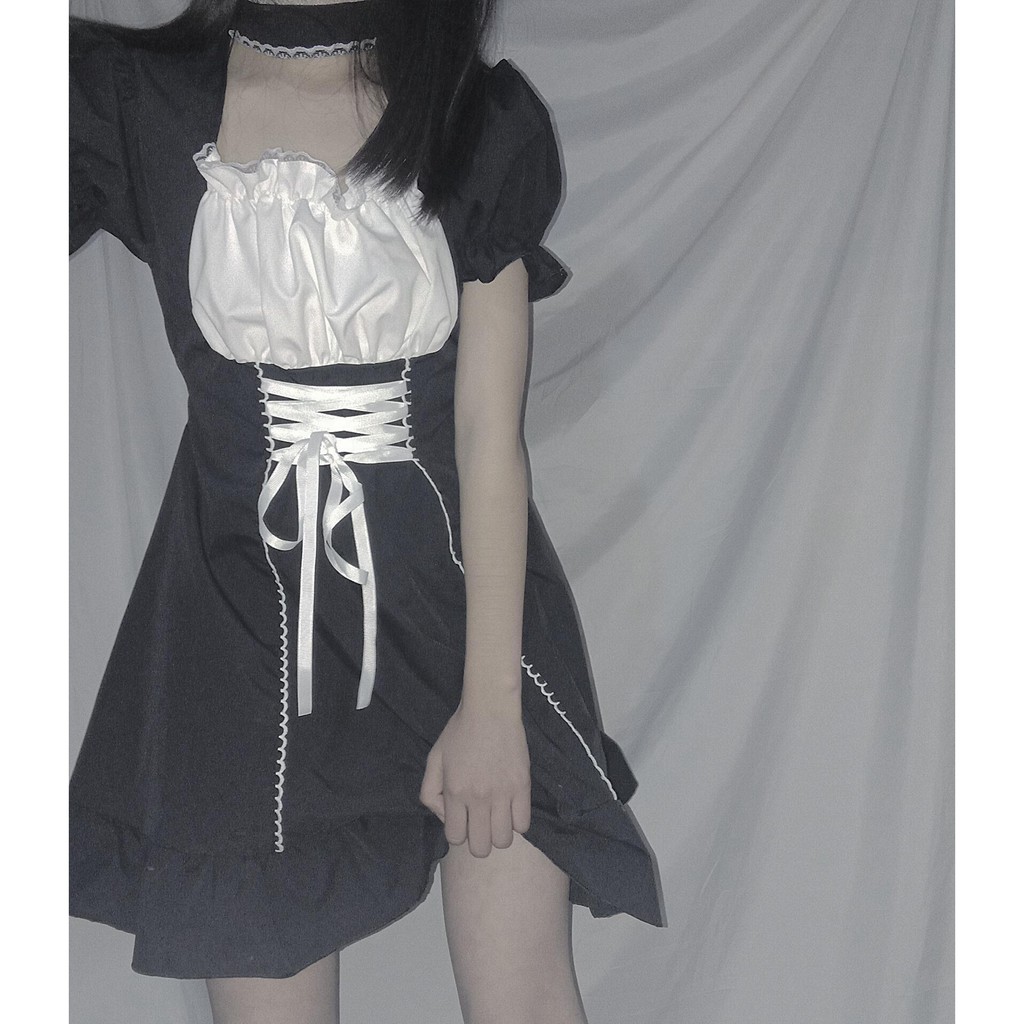 Đầm lolita tay phồng ôm eo dáng xòe màu đen thời trang Nhật Bản cho nữ | BigBuy360 - bigbuy360.vn